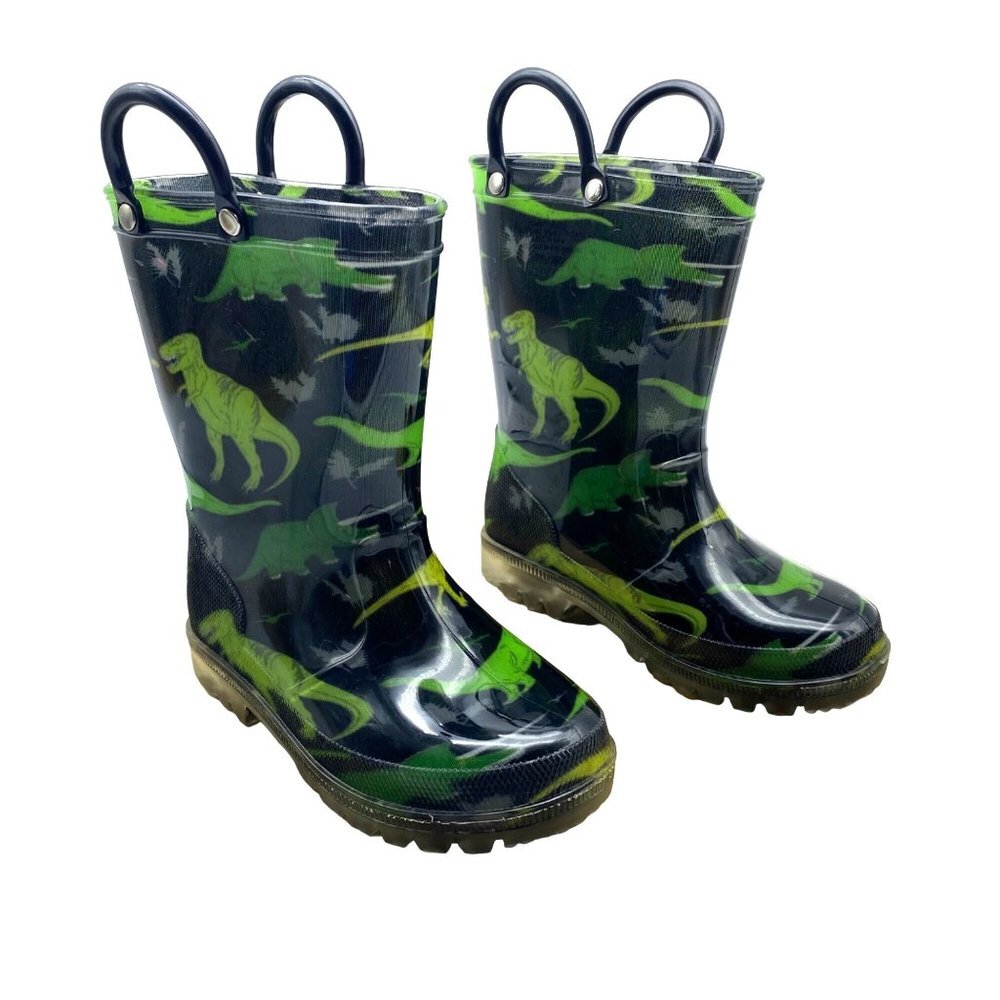 Max + Jake Dinosaur Light Up Rain Boots Kid Size 8 Pull On Rubber Upper